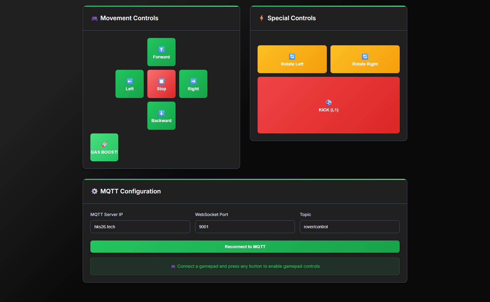Control interface dashboard showing real-time telemetry and video feed